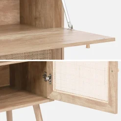 Secretaire bureau kast met houtlook en rotan
