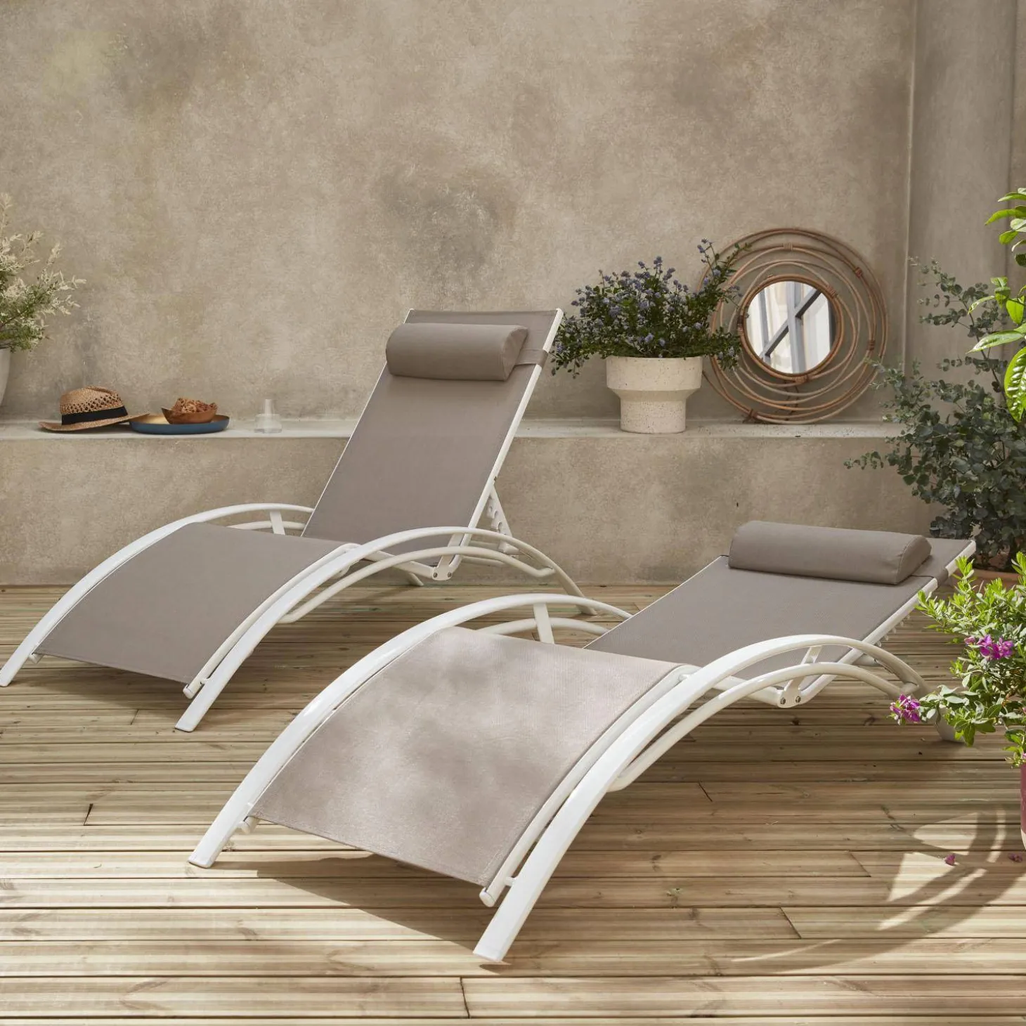 Set van 2 aluminium en textileen ligbedden