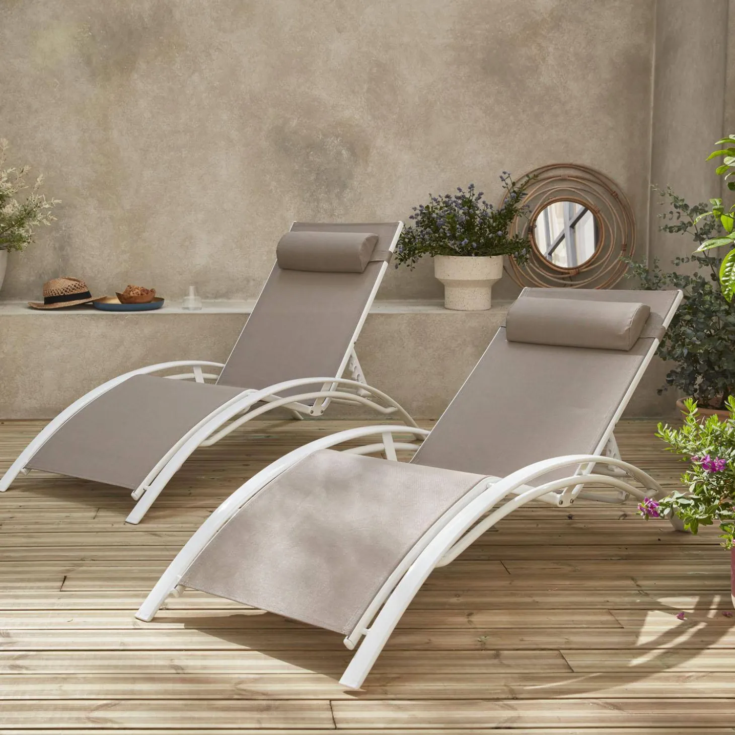 Set van 2 aluminium en textileen ligbedden
