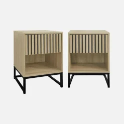 Set van 2 eigentijdse nachtkastjes met gegroefd houteffect, 1 lade