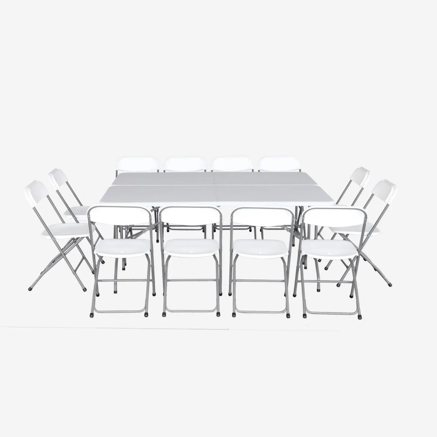 Set van 2 opvouwbare plastic receptietafels + 12 stoelen