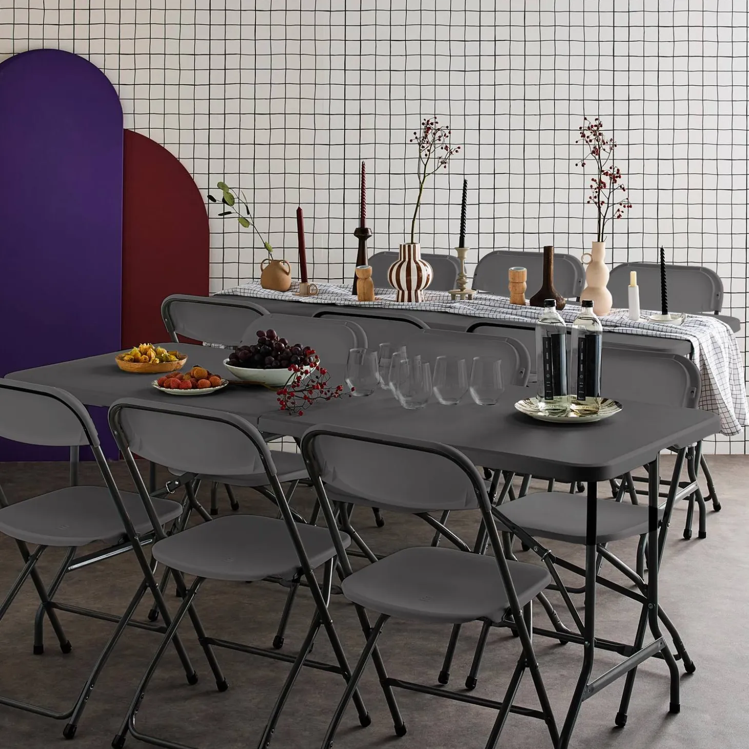 Set van 2 opvouwbare plastic receptietafels + 12 stoelen