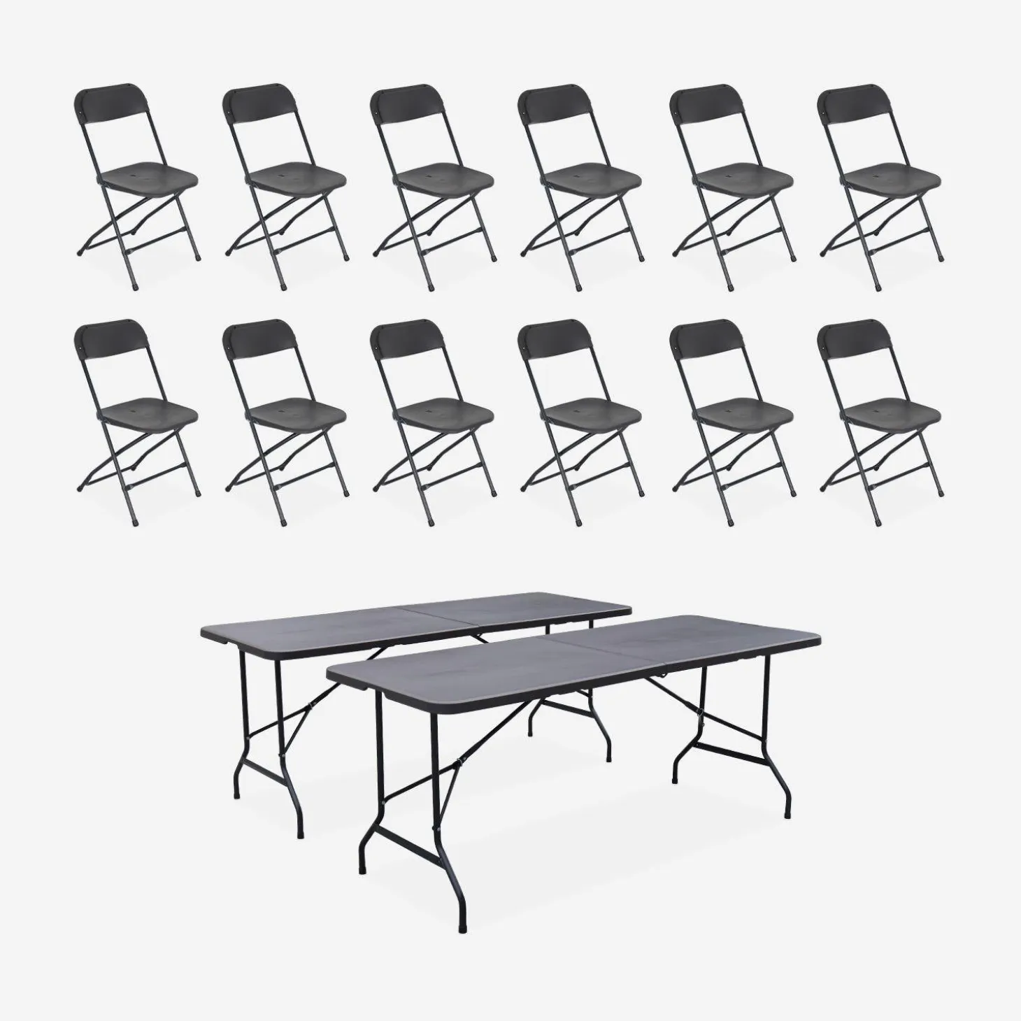 Set van 2 opvouwbare plastic receptietafels + 12 stoelen