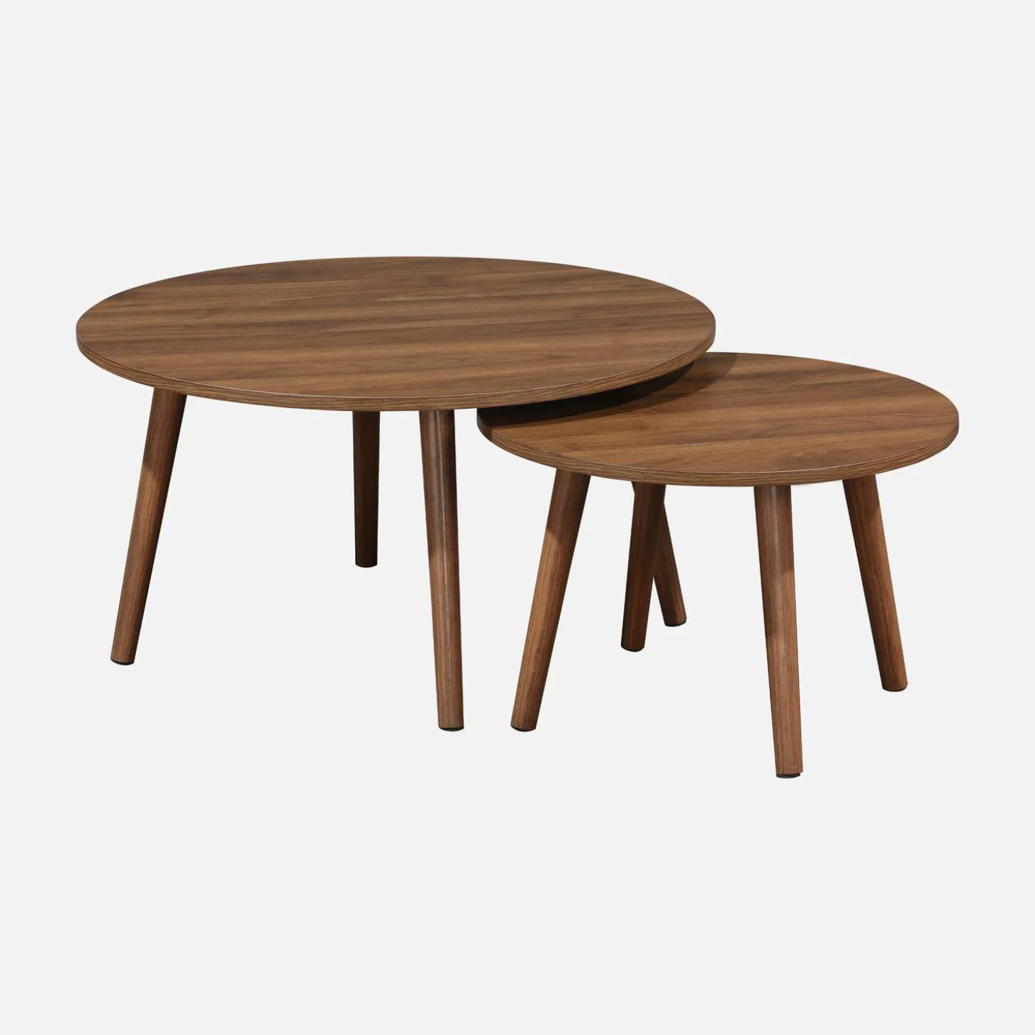 Set van 2 ronde salontafels in walnootkleurig hout