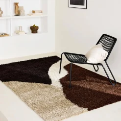 Shaggy binnenkleed met geometrische patronen in ecru beige, bruin en zwart