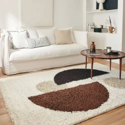 Shaggy binnentapijt met cirkelpatronen beige, bruin, zwart