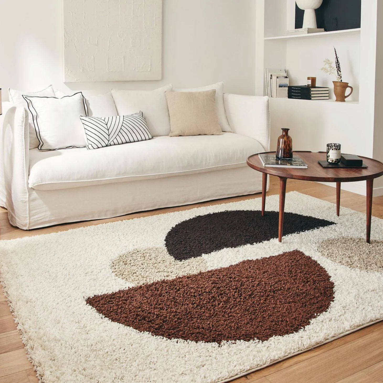 Shaggy binnentapijt met cirkelpatronen beige, bruin, zwart