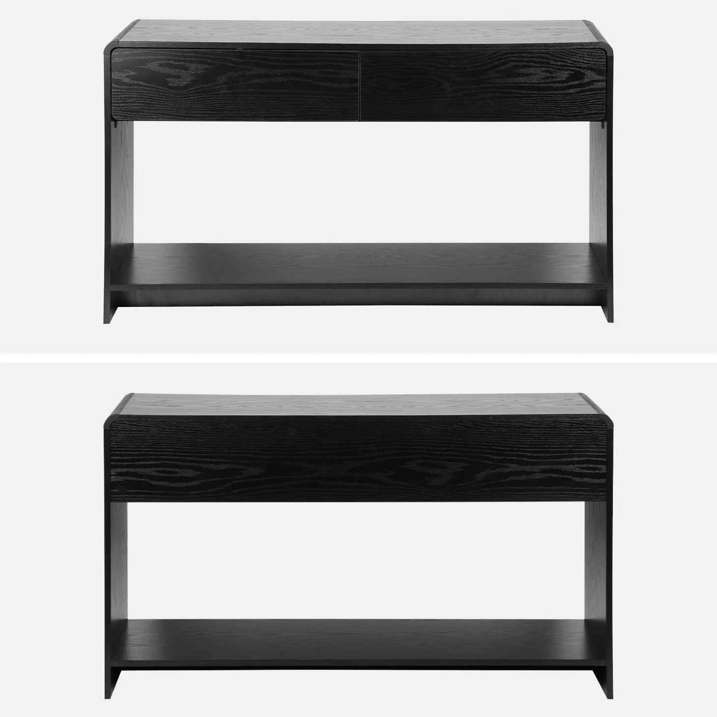 Sidetable met 2 laden en 1 plank, afgerond houteffect