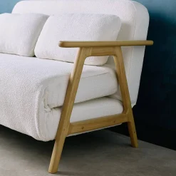 Slaapbank 2-zits rubberhout naturelkleurig en bouclé-stof