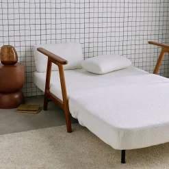 Slaapbank 2-zits rubberhout walnootkleur en bouclé-stof