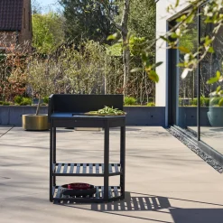 Stalen buitenkeuken hoekmodule met ijsklontjesbak en houten plank L80cm
