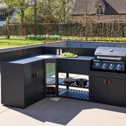 Stalen buitenkeuken 6 modules met gasbarbecue 4 branders