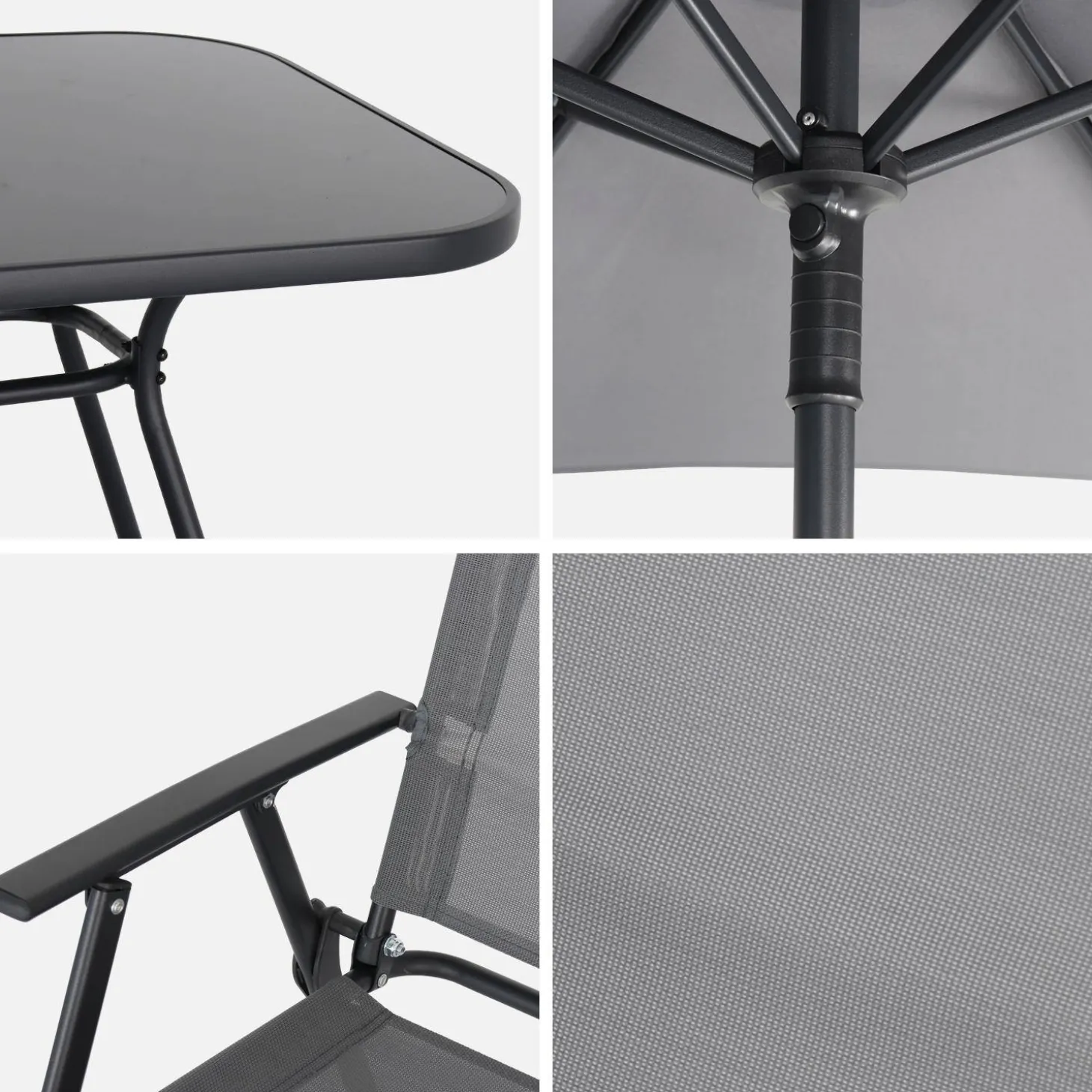Stalen tuintafel, 6 fauteuils en 1 parasol