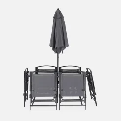 Stalen tuintafel, 6 fauteuils en 1 parasol