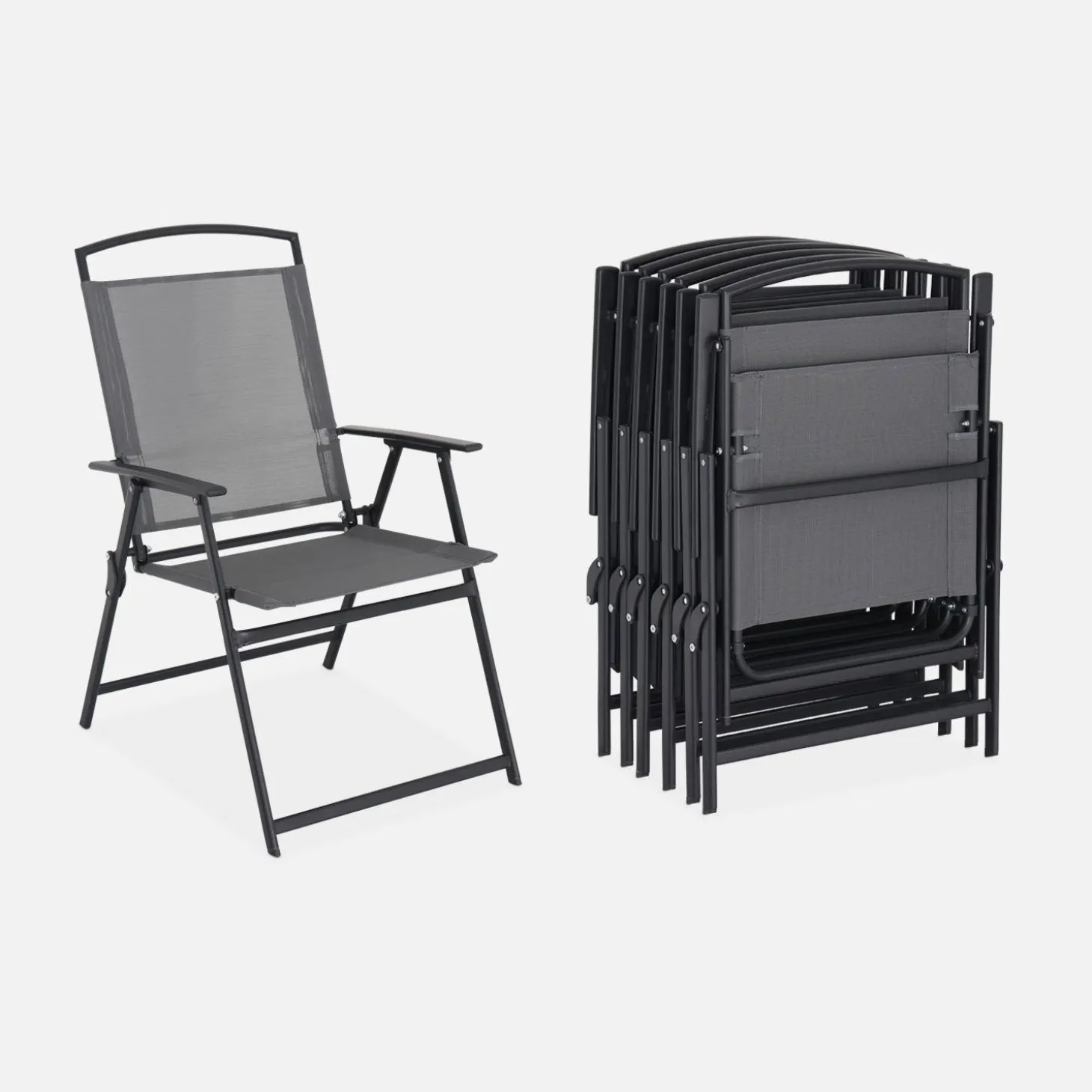 Stalen tuintafel, 6 fauteuils en 1 parasol