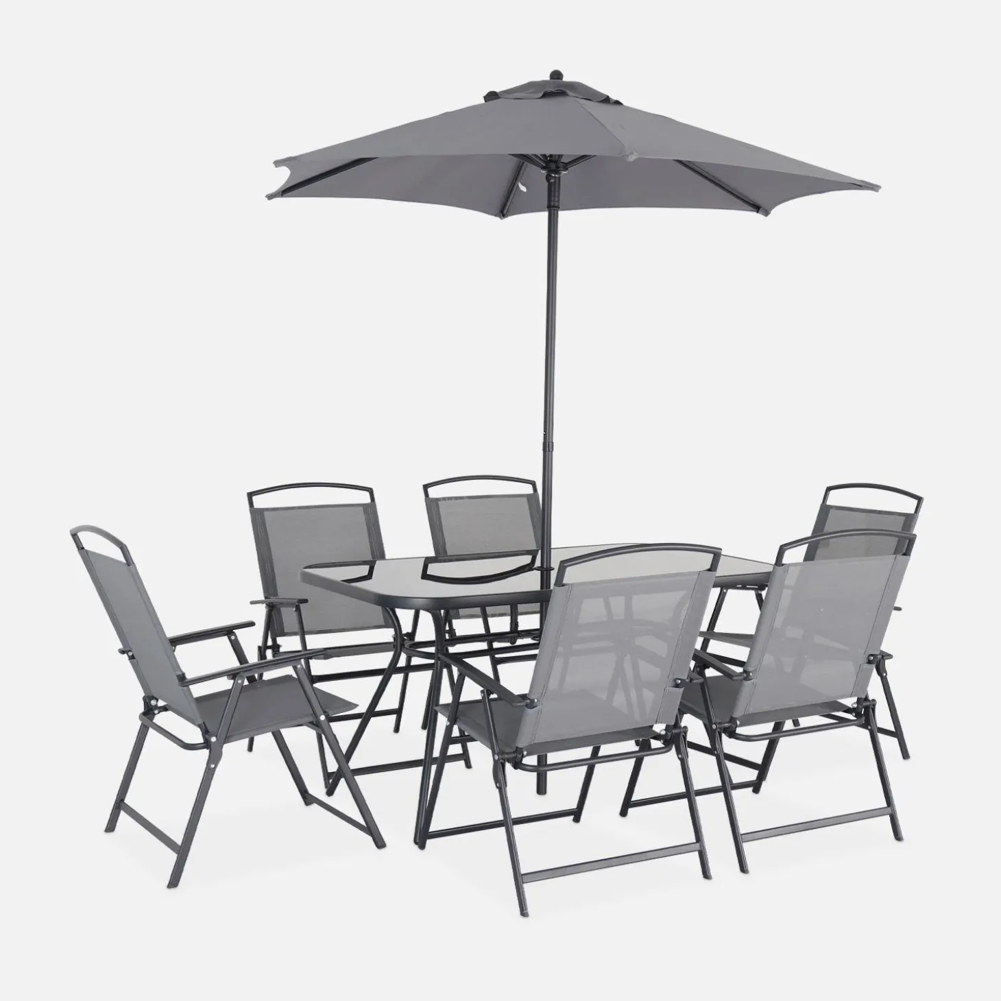 Stalen tuintafel, 6 fauteuils en 1 parasol