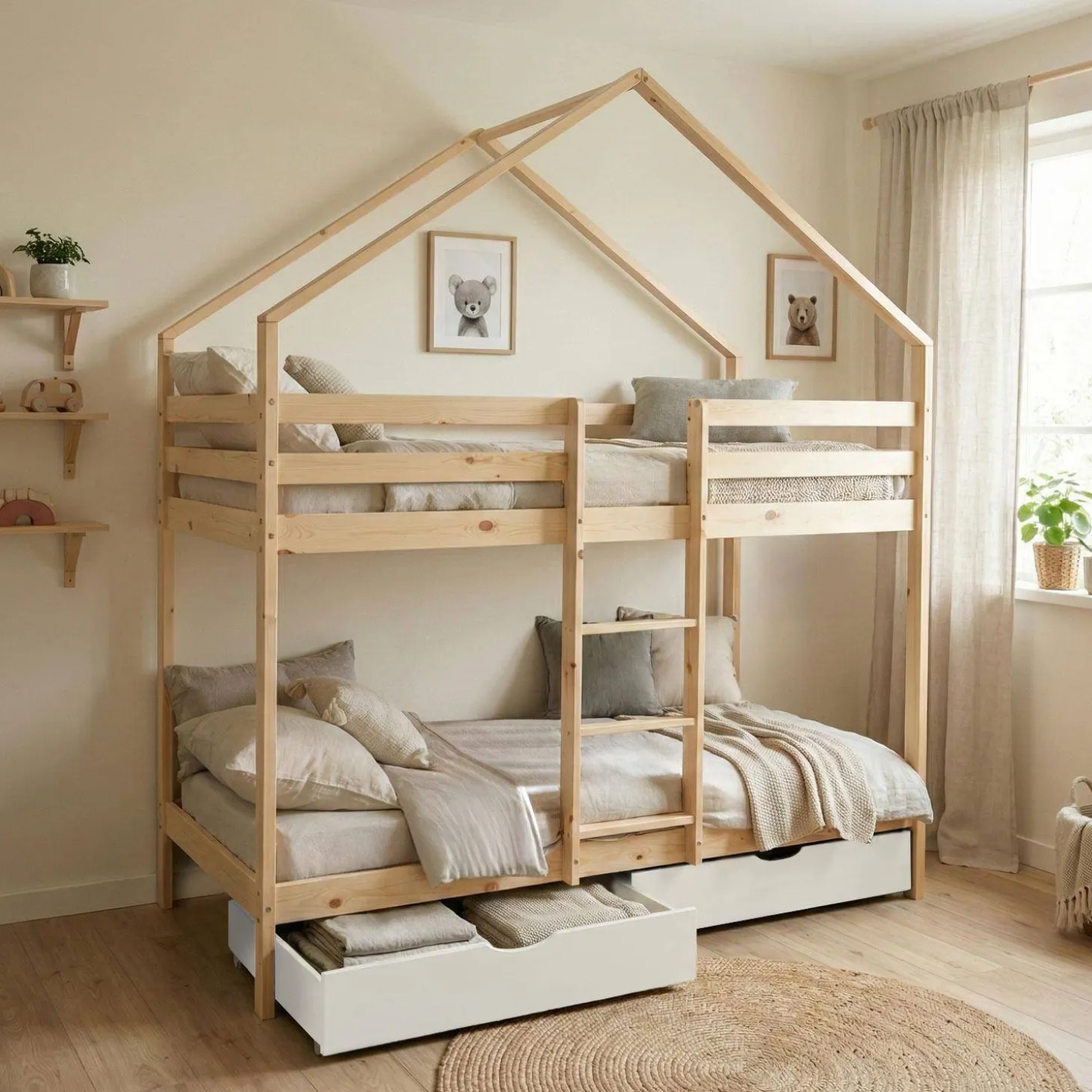 Stapelbed voor kinderen hutmodel 90x190 cm met 2 laden