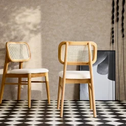 Stoel van eikenkleurig hout en rotan (set van 2)