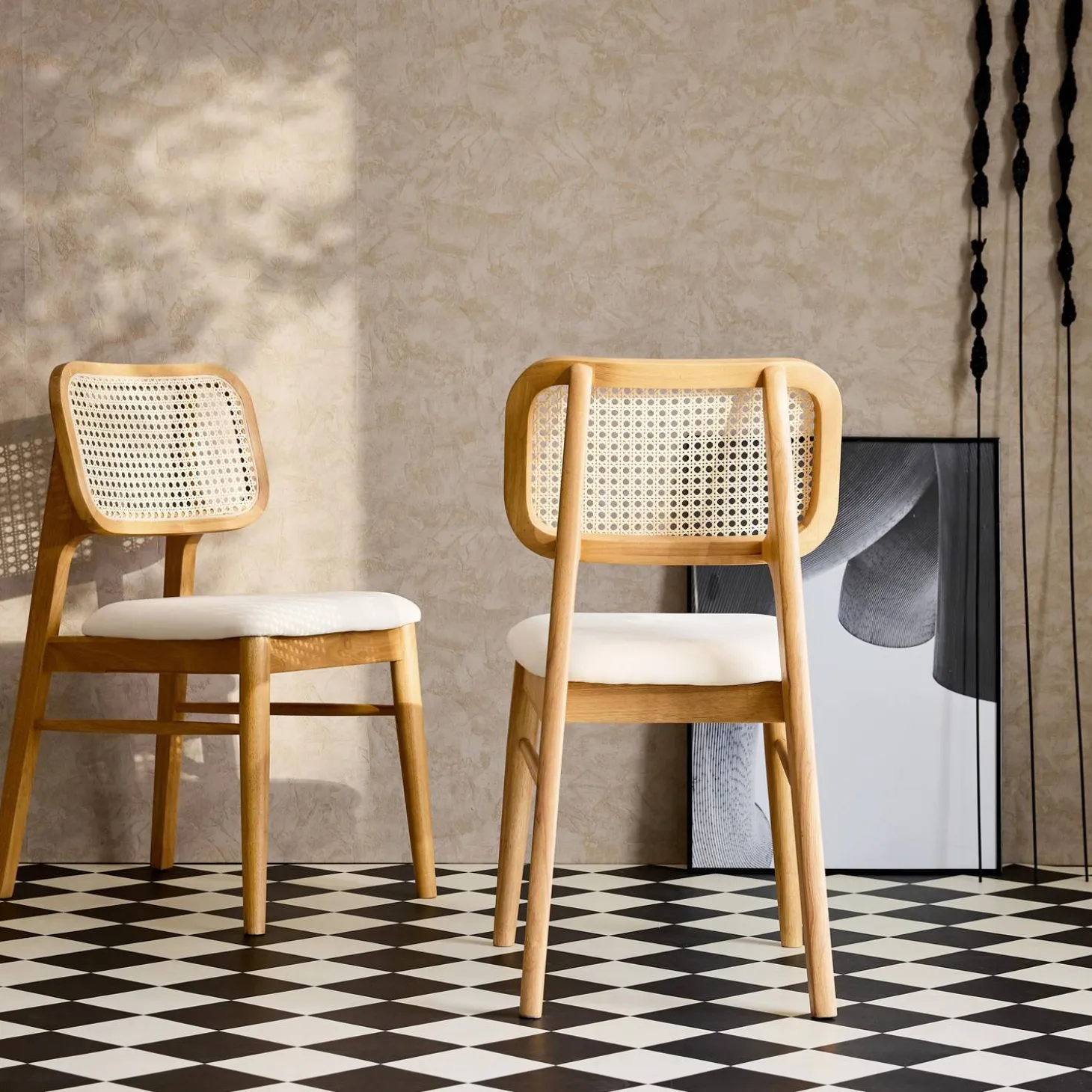 Stoel van eikenkleurig hout en rotan (set van 2)