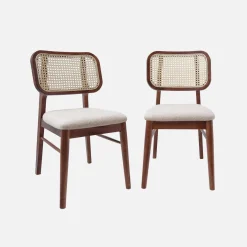 Stoel van walnootkleurig hout rotan en bouclé (set van 2)