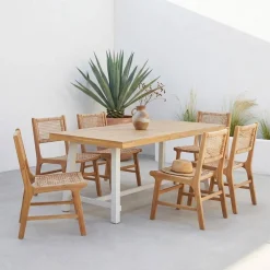 Tafel binnen/buiten acacia hout en metaal, 6 stoelen gevlochten hars