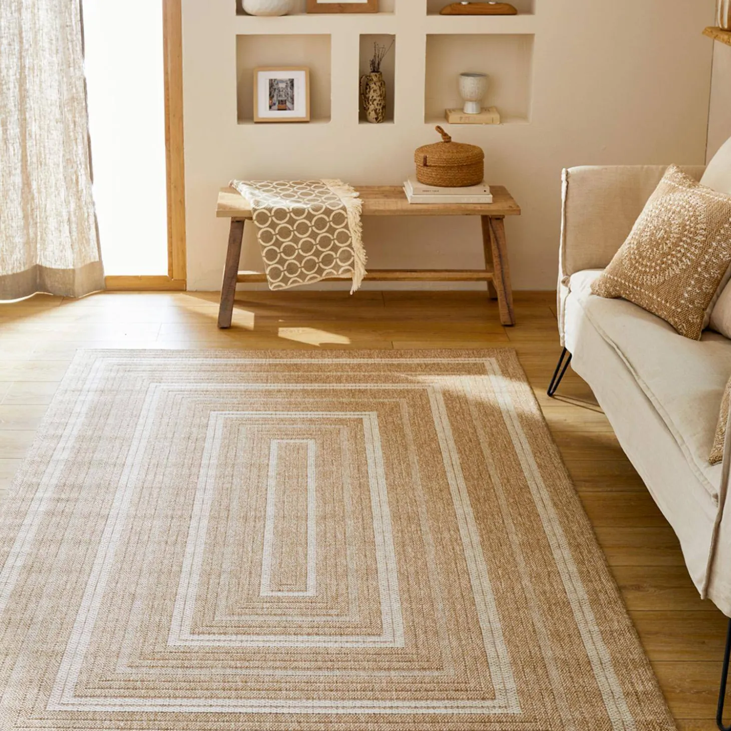 Tapijt voor binnen/buiten jute-effect beige met rechthoekpatronen