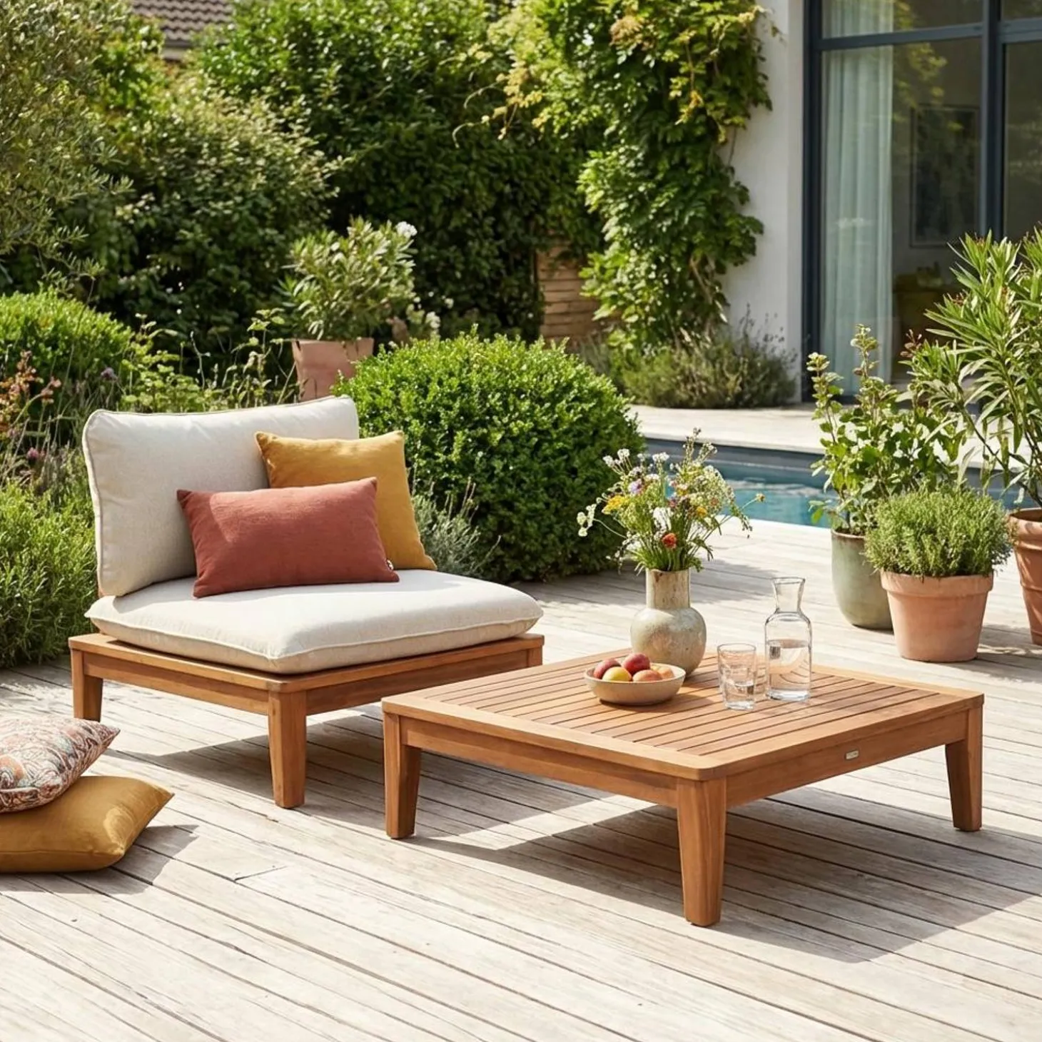 Tuinfauteuil met salontafel van hout en bouclé-effect