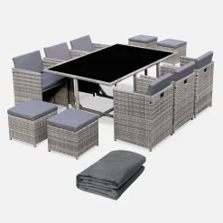 Tuinmeubelset van geweven hars, 6-10 zitplaatsen + beschermhoes