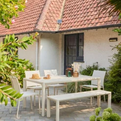 Tuinset, 1 bank en 4 stoelen van aluminium en textilene