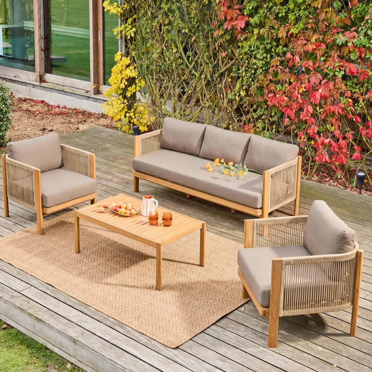 Tuinset met 5 zitplaatsen van acacia en touwen