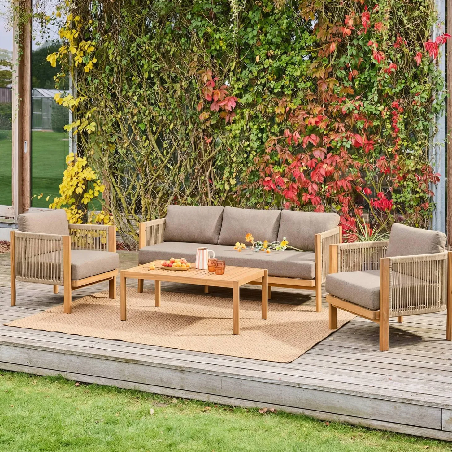 Tuinset met 5 zitplaatsen van acacia en touwen