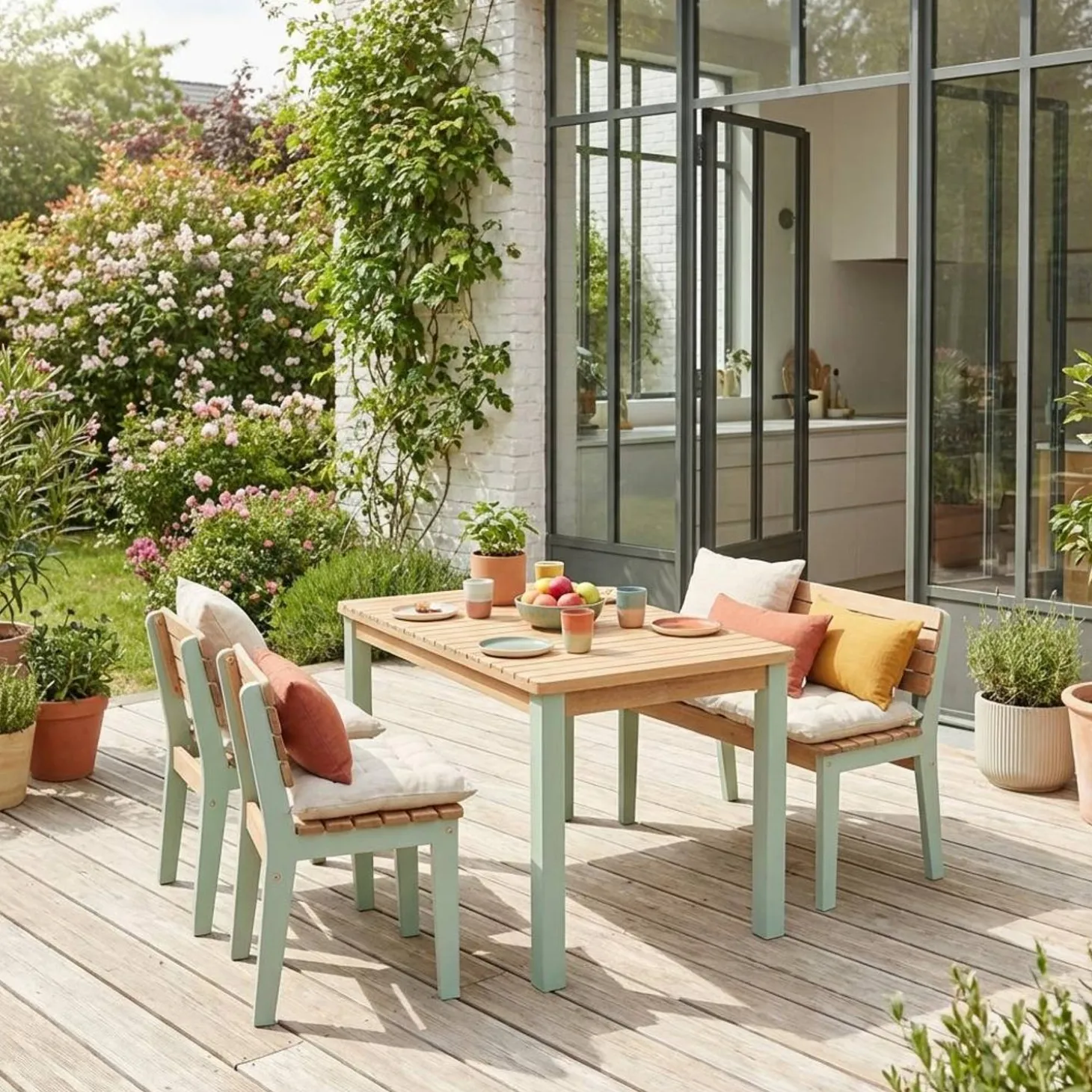 Tuintafel acaciahout + 4 zitplaatsen voor kinderen
