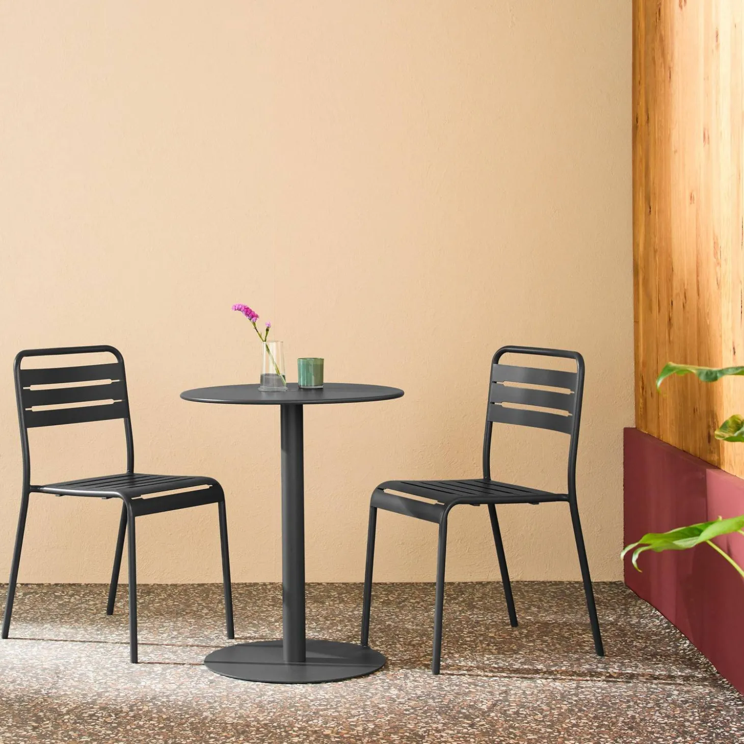 Tuintafel rond bistro van staal + 2 stoelen