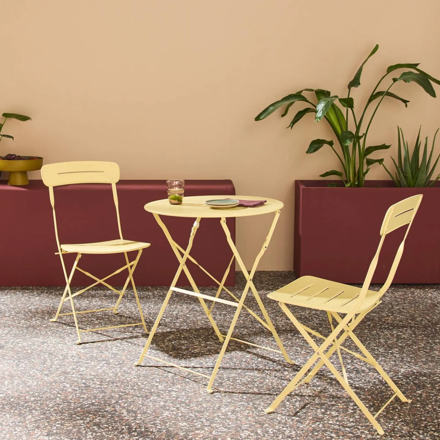 Tuintafel rond + 2 stoelen bistrostijl opklapbaar staal