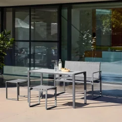 Tuintafel + 4 zitplaatsen inschuifbare set van staal en textileen