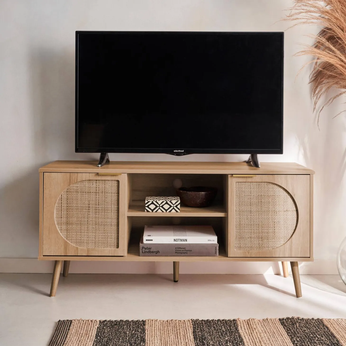 TV-meubel met hout en afgerond rietdecor 120 cm