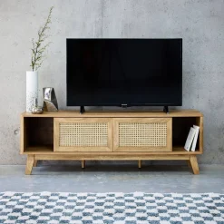 TV-meubel met schuifdeuren, kastje, plank met hout- en rietmotief, 150cm
