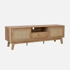 TV-meubel met schuifdeuren, kastje, plank met hout- en rietmotief, 150cm
