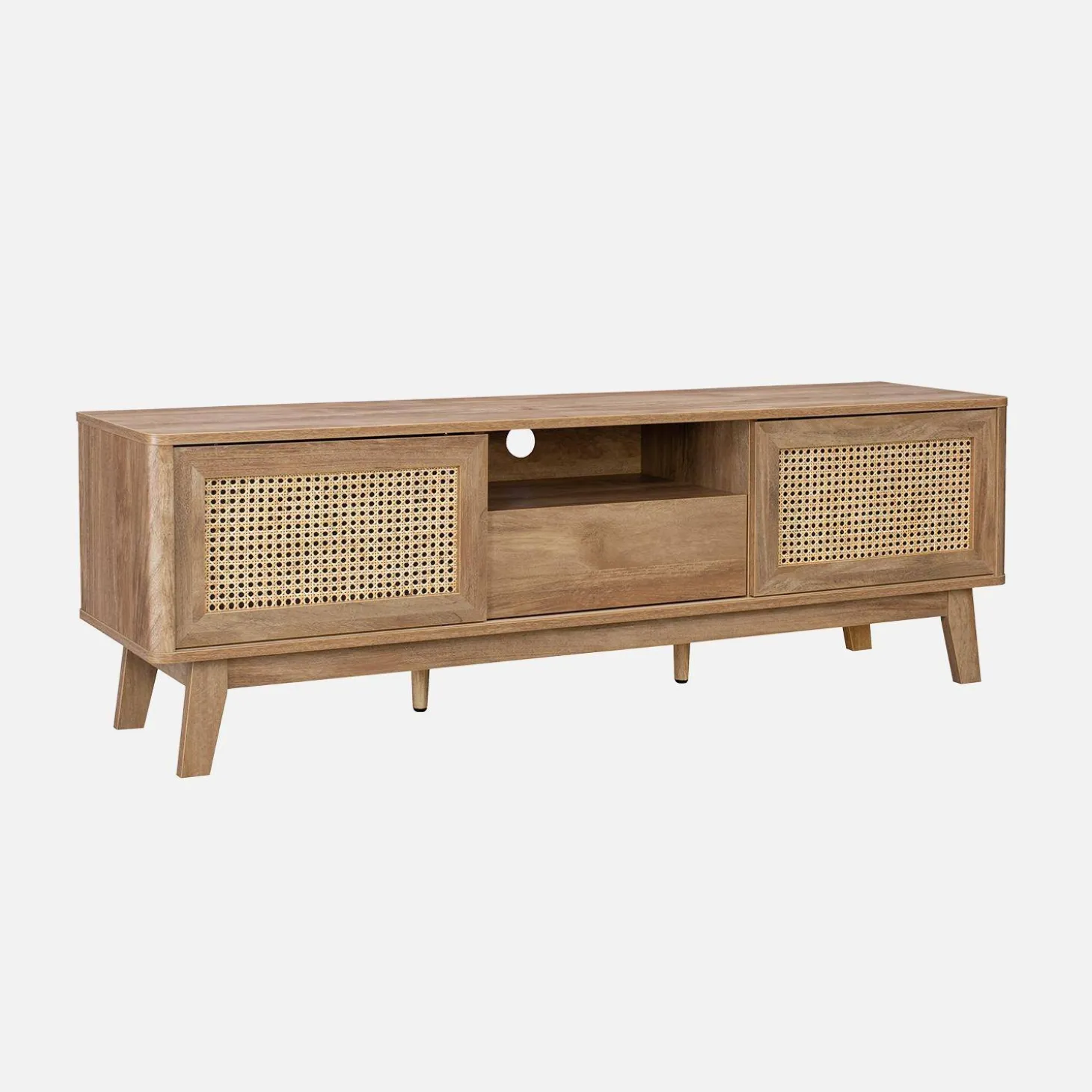 TV-meubel met schuifdeuren, kastje, plank met hout- en rietmotief, 150cm