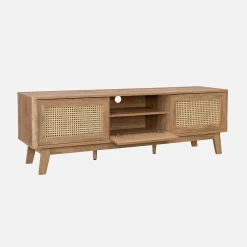 TV-meubel met schuifdeuren, kastje, plank met hout- en rietmotief, 150cm