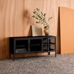 TV-meubel vitrine gehard glas en staal 3 deuren industrieel 120cm