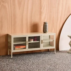 TV-meubel vitrine gehard glas en staal 3 deuren industrieel 120cm