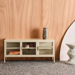 TV-meubel vitrine gehard glas en staal 3 deuren industrieel 120cm