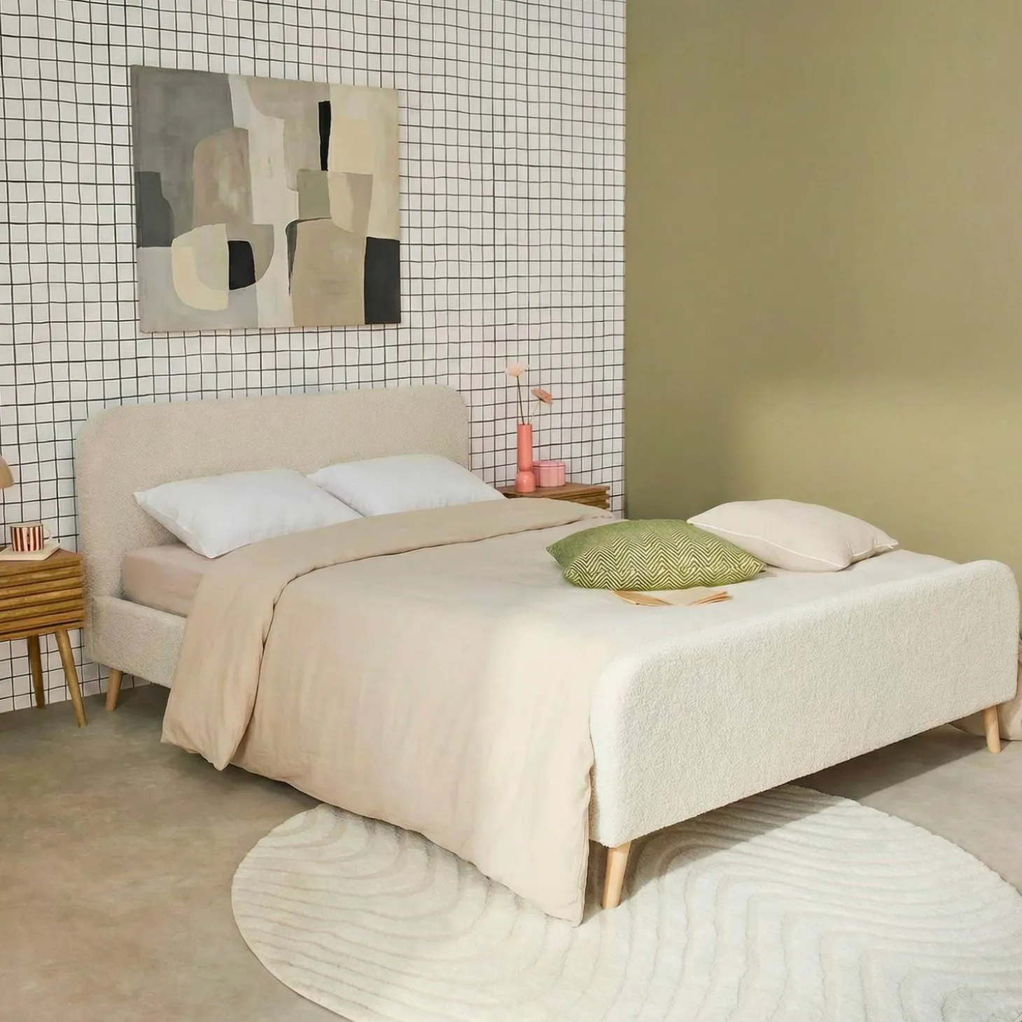 Tweepersoonsbed met lattenbodem en gestoffeerd hoofdbord bouclé 160x200cm