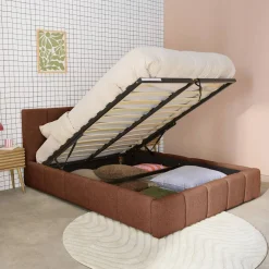 Tweepersoonsbed 160x200cm met opbergbox lattenbodem en hoofdbord in getextureerde bouclé