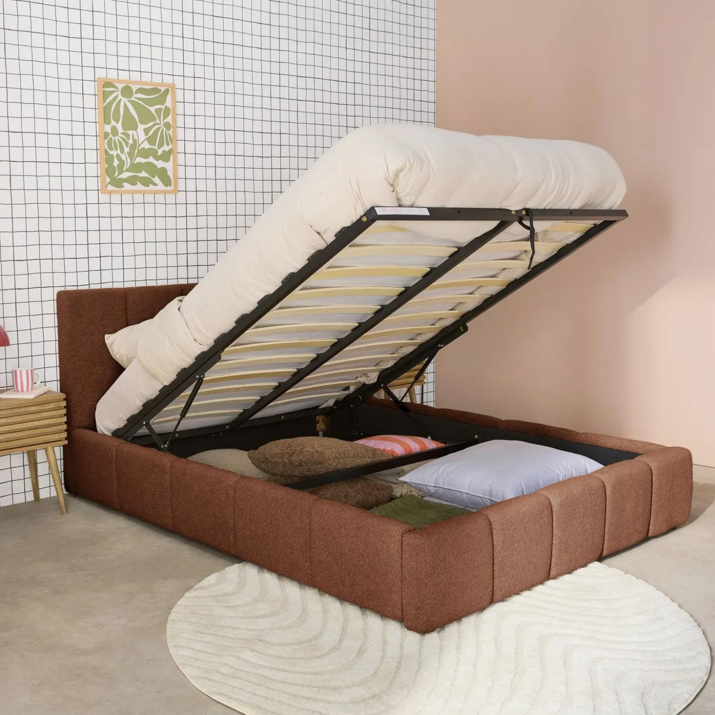 Tweepersoonsbed 160x200cm met opbergbox lattenbodem en hoofdbord in getextureerde bouclé