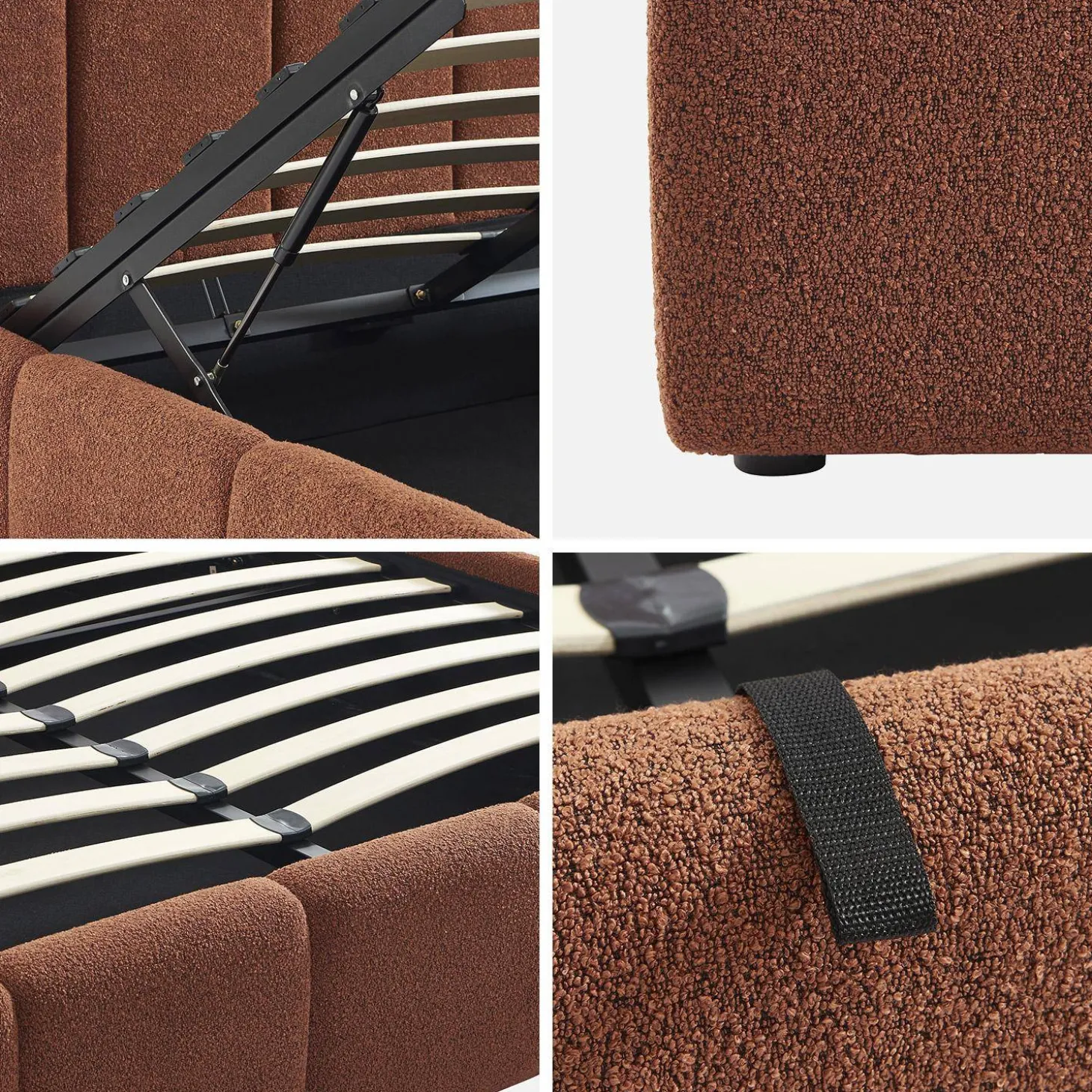 Tweepersoonsbed 160x200cm met opbergbox lattenbodem en hoofdbord in getextureerde bouclé