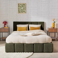 Tweepersoonsbed 140x190cm met opbergbox lattenbodem en hoofdbord in getextureerde bouclé