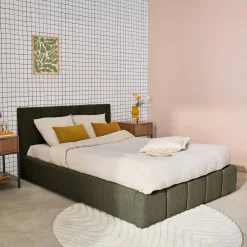 Tweepersoonsbed 140x190cm met opbergbox lattenbodem en hoofdbord in getextureerde bouclé