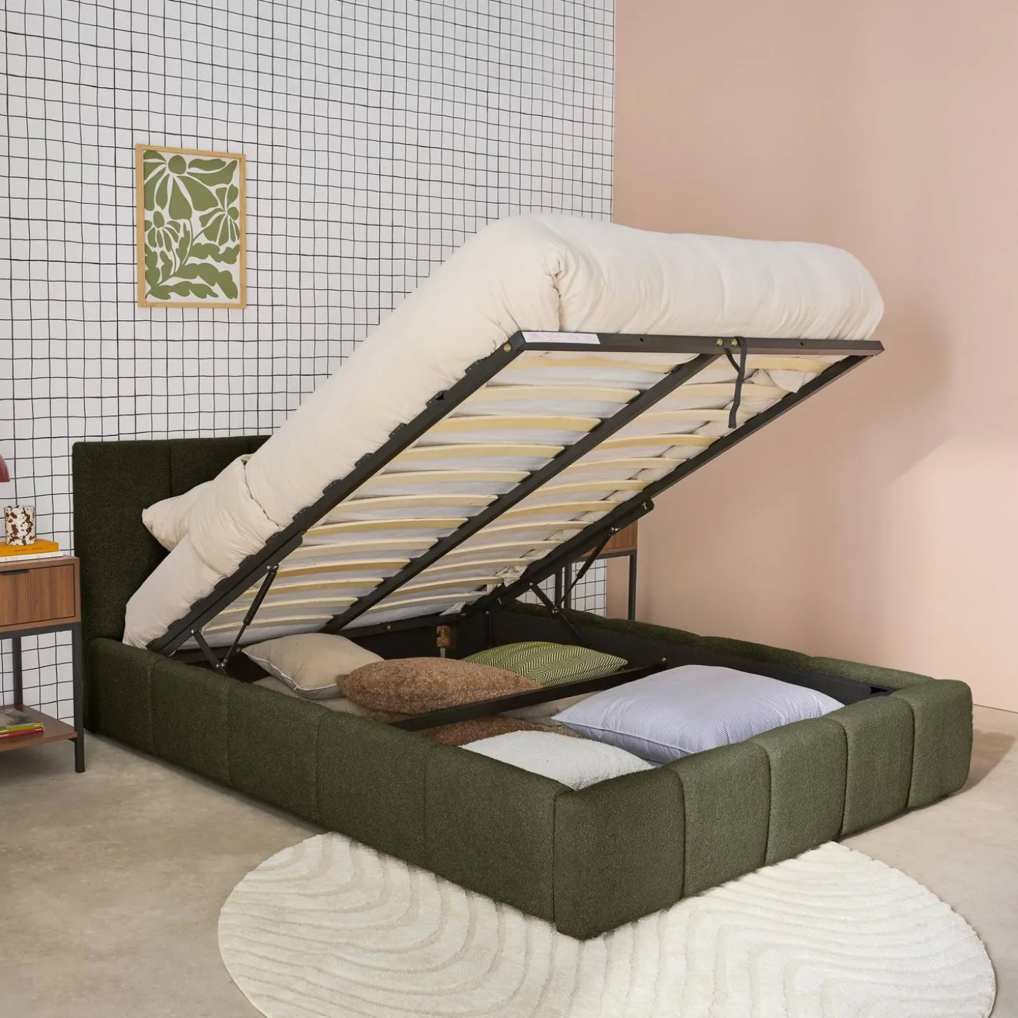 Tweepersoonsbed 140x190cm met opbergbox lattenbodem en hoofdbord in getextureerde bouclé